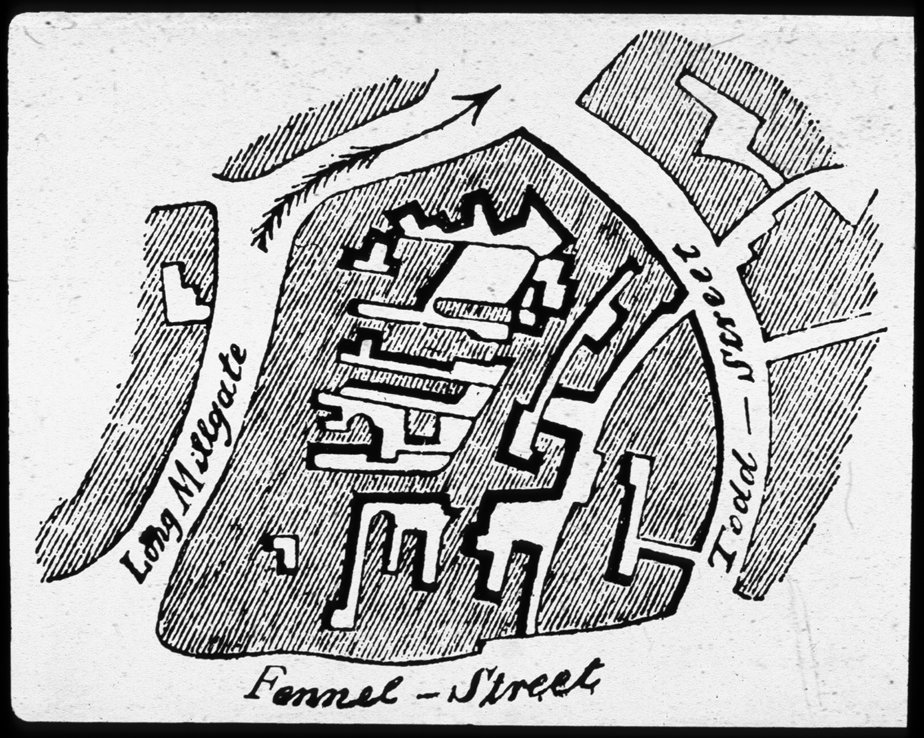 Häuser und Höfe zwischen Long Millgate, Todd Street und Fennel Street am Irk (1845)