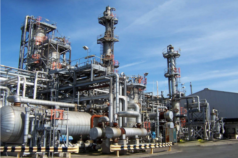 Hydrodesulfurization unit in a refinery which removes sulfur from diesel using hydrogen.