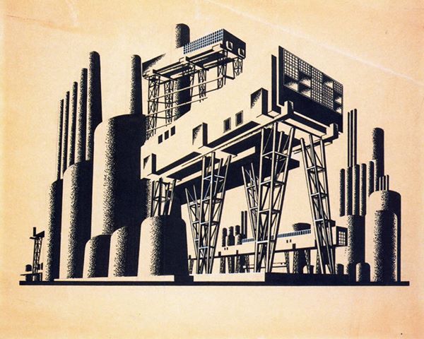 "Walking City", a project by "de-urbanist" Iakov Chernikhov, inspired by Engels' "Anti-Düring" in 1930. The "de-urbanists" attempted a "transitional urbanism" opposed to the logic of value. Their texts were banned and most of them were slaughtered by Stalinism.