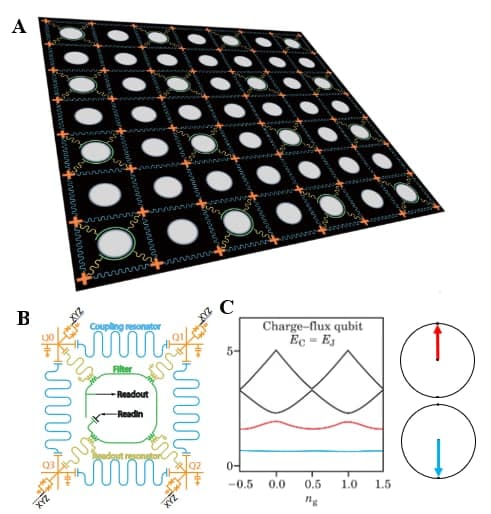 Figure 2. a) Sino-Japanese quantum computer with superconductivity qubits. Qubits are not the gray circles, but the small orange crosses at the intersections. Each qubit is interconnected with its neighbors through resonators so that they can interfere and entangle with each other. b) Diagram of a unit with 4 qubits. c) the two basal states of the qubit. A and b adapted from https://science.sciencemag.org/content/372/6545/948 , c from https://sambader.net/wp-content/uploads/2013/12/Transmon_Paper.pdf
