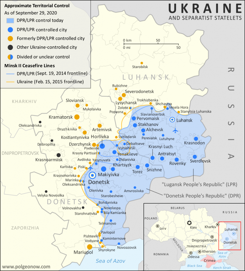 In blue the area occupied by the "republics" created by Russia on territories of Donetsk and Lugansk provinces, the two provinces forming the Donets basin (tributary of the Don). The majority Russian-speaking region of Ukraine would include these two entire provinces and the neighboring province of Kharkiv, in addition to Crimea, now occupied by Russia. Strikes in the Donbass have occurred on both sides of the front line.