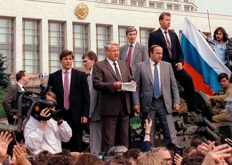 Yeltsin during the 1991 coup. Then Secretary of the Russian Stalinist Communist Party, he would ban the CPSU less than three months later.