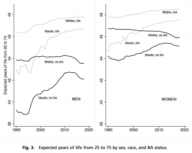 Life expectancy in the USA by racial group and educational attainment