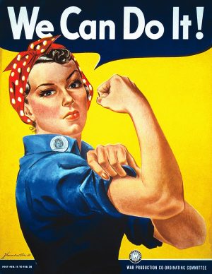 US war propaganda poster recruiting women for work in military industries. A symbol of imperialism and massacre later turned into a feminist symbol.