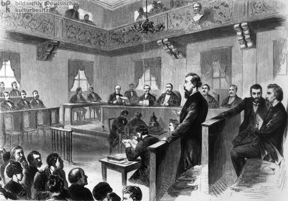 Trial of Wilhelm Liebknecht and August Bebel. Holzstich, 1872 after defending revolutionary defeatism and Paris Commune