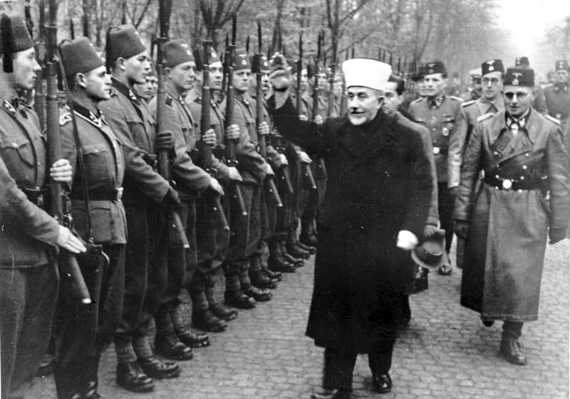 The Grand Mufti of Jerusalem reviewing, together with SS commanders, Bosnian-Muslim troops integrated into the German SS during the war.