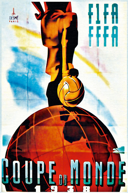 World Cup 1938 poster. Of note is the disturbing imperialist symbolism. The map is centered on the Iberian peninsula, where the revolution had just been defeated and the war was unfolding encouraged by the main imperialist powers.