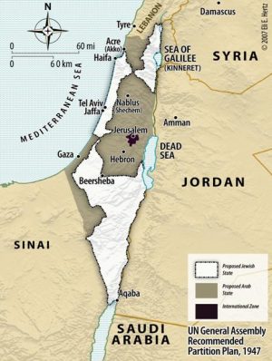 Original plan, approved by the UN, for partitioning the western part of the British mandate into two states.