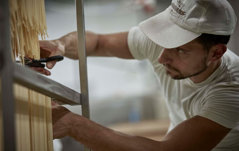 A worker cuts durum wheat spaghetti in a pasta factory 