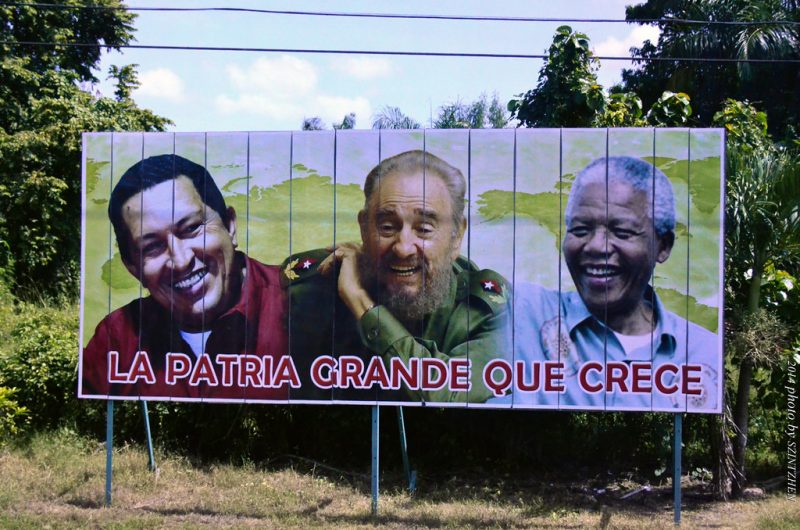 Official poster in Cienfuegos, Cuba, in 2014 presenting the "Patria Grande" as the sum of the states and rulers that supported the Castro regime.