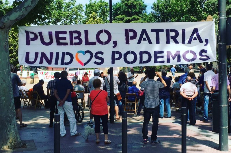 Electoral event of Unidas Podemos, electoral coalition that groups Izquierda Unida (articulated around the old Stalinist PCE) and Podemos. The message: 'People, Fatherland, United We Can' is indistinguishable from that of the new nationalist ultra-right.