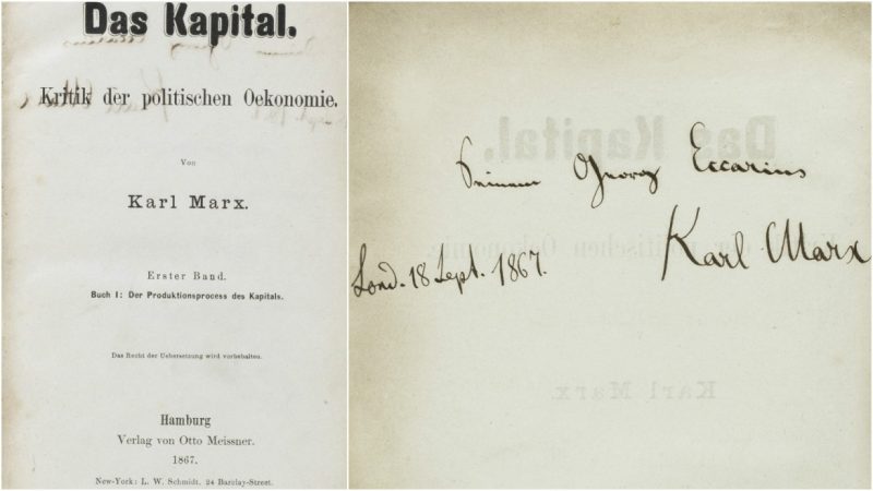 First edition of "Das Kapital" with handwritten dedication from Marx to Eccarius.