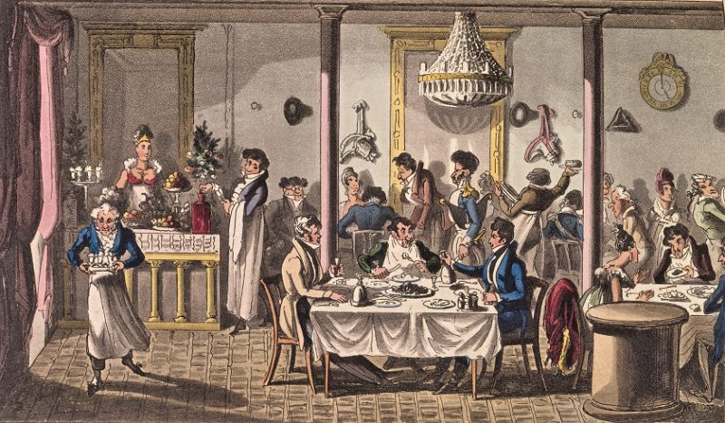 Restaurants. “Dick, the Captain, and Squire Jenkin dining at Very’s in the Palais Royal”. Etching, coloured, by George Cruikshank (1792–1878). From: Pierce Egan (1772–1849), Life in Paris, comprising the rambles, sprees and amours of Dick Wildfire, London 1822. London, British Library.
