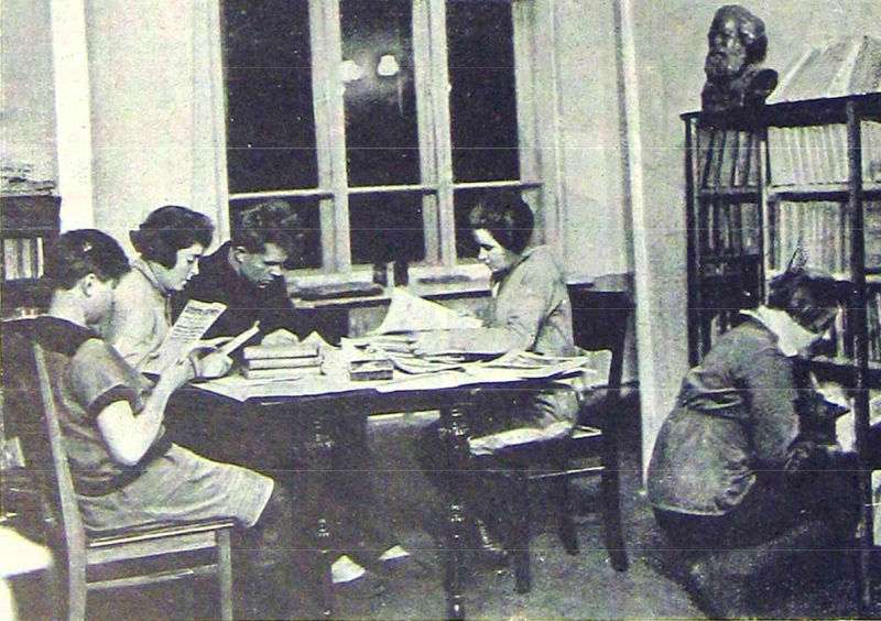 red corner library collectivity "Red Corner" (library and propaganda center) of a collectivity of young students and workers during the 1920s in Russia.