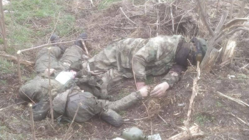 Photo of corpses of slain Russian tankmen abandoned in the countryside. Photo distributed by Ukrainian army units.