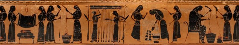 Presentation of "female" labor (domestic industries of spinning and weaving) on a 6th century BCE Greek oil jar (lekytos)