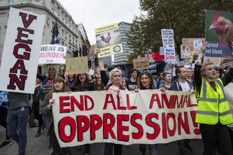 Vegan demonstration in London against meat and dairy consumption. Vegetarian and vegan morality was born with the forefathers of the first capitalist moral theories: Bentham and Malthus... and is perfectly consistent with them and the social Darwinism that followed along 