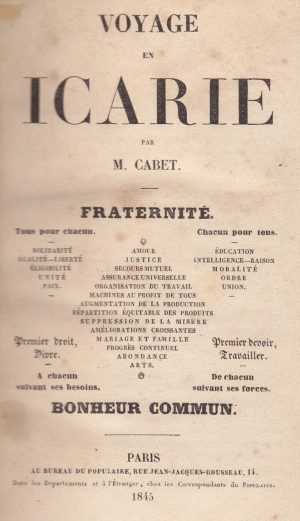 The first page of the 1845 edition of the "Journey to Icaria" on which appears for the first time the communist slogan: To each according to his needs, from each according to his strength