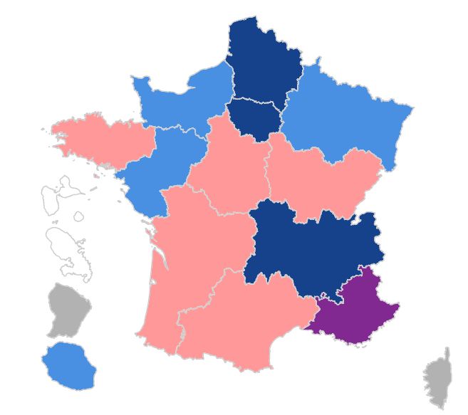 Resultados provisionales de la primera vuelta de las elecciones regionales 2021. En azules distintas alianzas del gaullismo; en rosa de los restos del partido socialista, en morado del lepenismo. En gris, listas nacionalistas. En todas las circunscripciones sin embargo la verdadera triunfadora fue la abstención masiva.