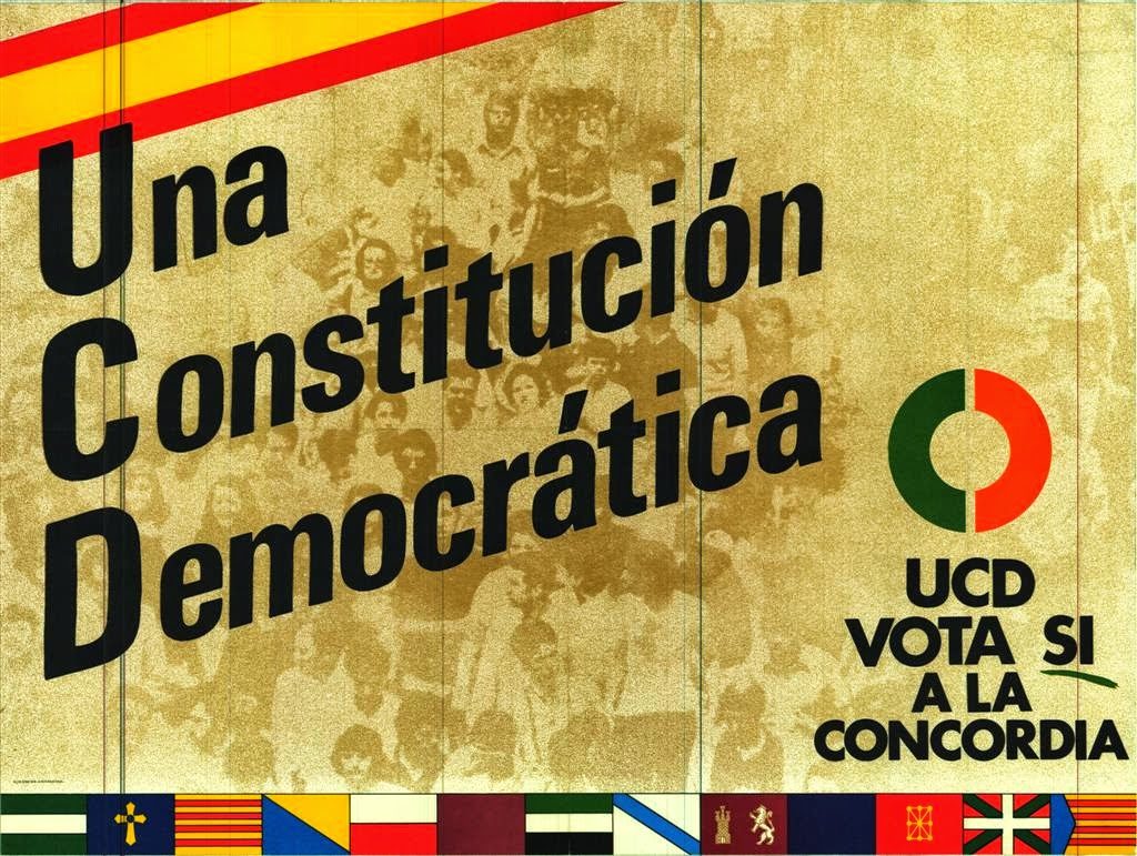 Cartel pidiendo el voto favorable a la Constitución del partido del gobierno en 1978. Obśervese que no todas las banderas regionales estaban todavía «inventadas».