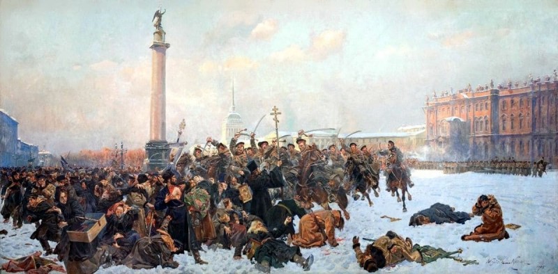 Domingo sangriento de 1905. Los cosacos cargan contra la manifestación organizada por el pope Gapón a las puertas del Palacio de Invierno
