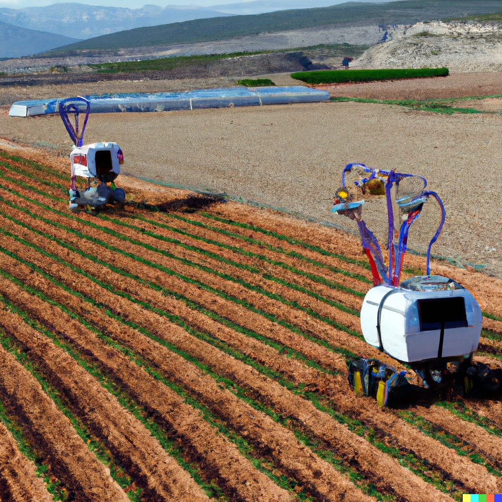 Illustration created with AI at the command "robots in the Spanish countryside".