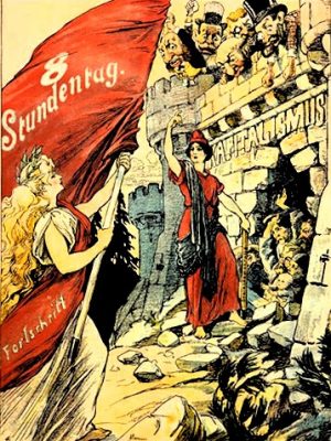 Propaganda por la jornada de ocho horas de los sindicatos alemanes en 1895.