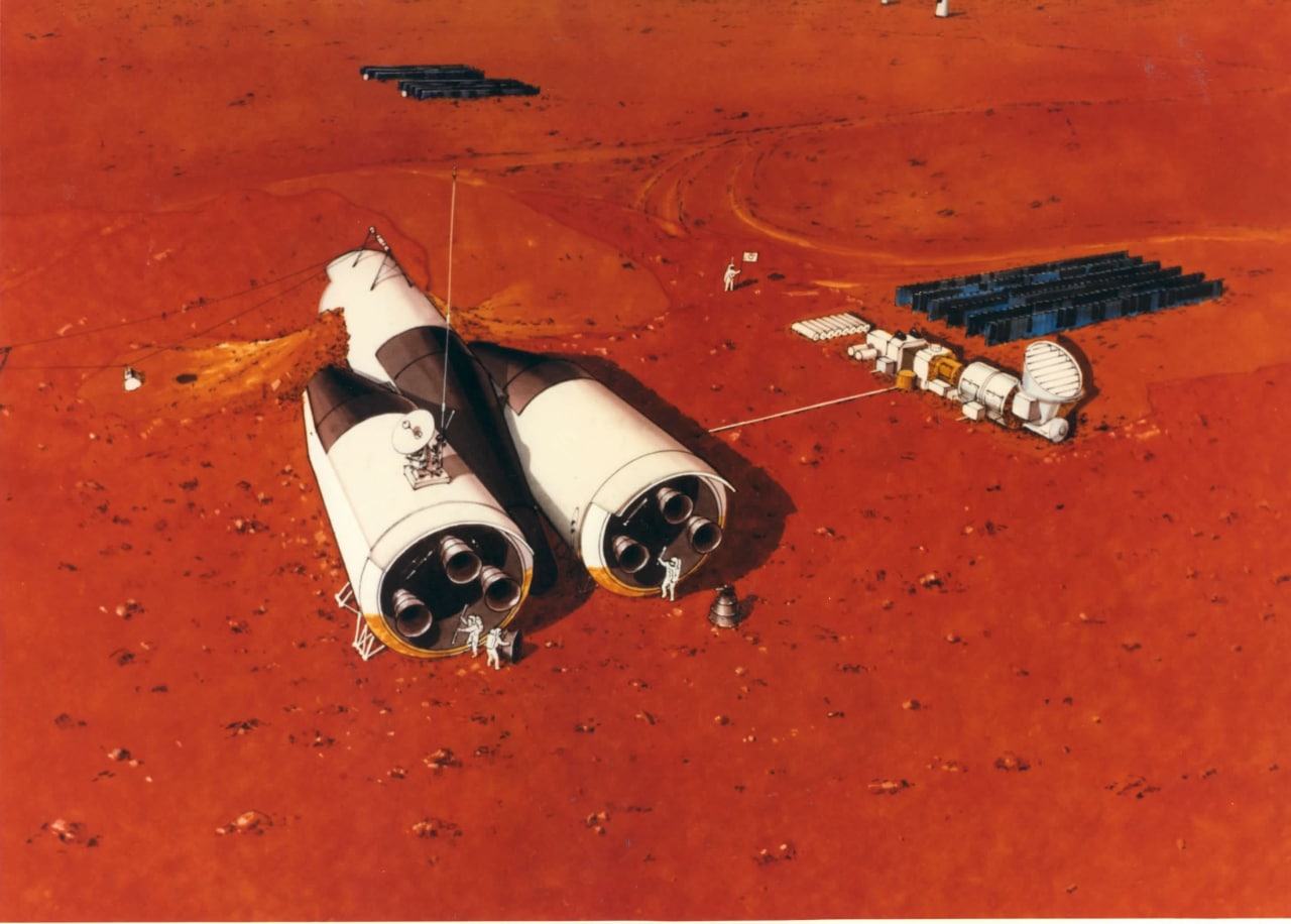 NASA illustration fantasizing about the forms of an early colonization of Mars.