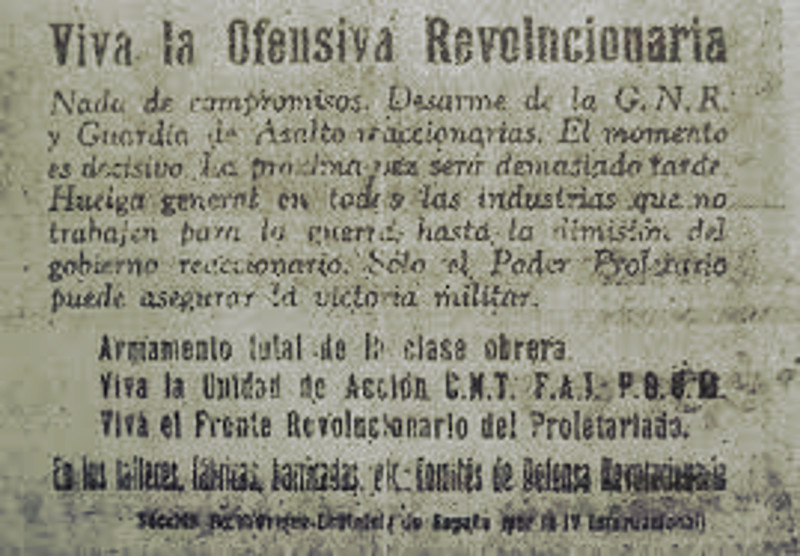 Octavilla repartida durante los combates de mayo de 1937 por el Grupo Bolchevique-leninista de España. Los debates que permitieron la claridad para estar en primera línea pueden recuperarse en el Boletín del GBLE.