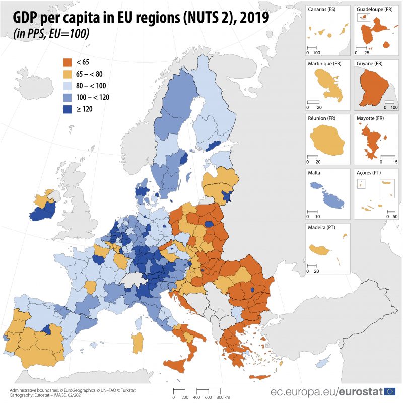 Desigualdad territorial en Europa medida en renta pc