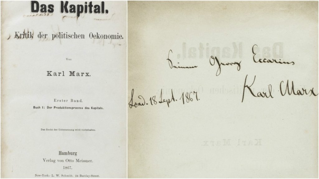 Primera edición de «El Capital» con dedicatoria manuscrita de Marx a Eccarius.