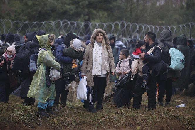 Crisis de refugiados. Atacados frente a la valla en Grodno, Bielorrusia frontera con Polonia.