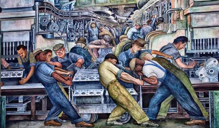 Detalle de un mural de Diego de Rivera. La centralidad del trabajo es una constante en la etapa «trotskista» de la obra del muralista.