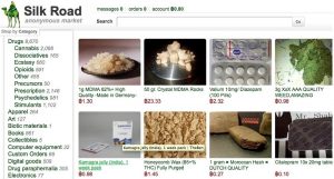 Página principal de «Silk Road», el primer mercado online masivo en usar criptomonedas abiertamente para comercios ilegales.