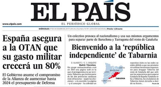 Una significativa portada de El País: a la izquierda, el gasto militar crecerá el 80%... a costa de servicios sociales; a la derecha Tabarnia.